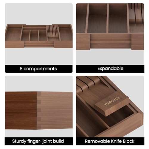 Expandable Bamboo Silverware Organizer with Knife Block (Brown / Large)