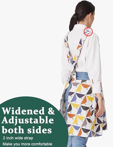 Cozy Adjustable Cross Back Aprons for Women with Pockets Cotton Linen Cooking Kitchen Baking Birds (Birds)