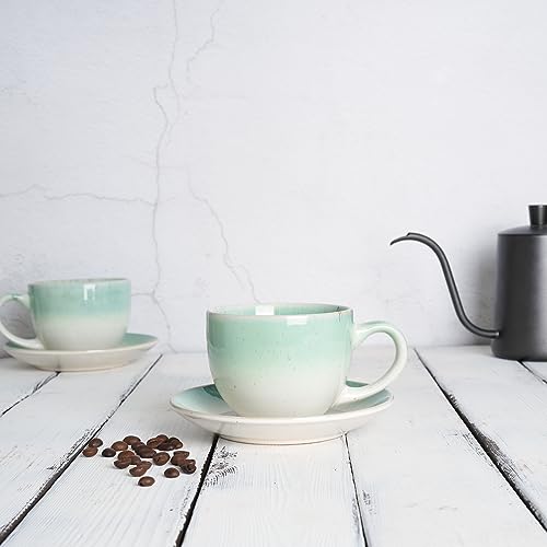 Ceramic Cappuccino Cup and Saucer Set of 2 (Green White)
