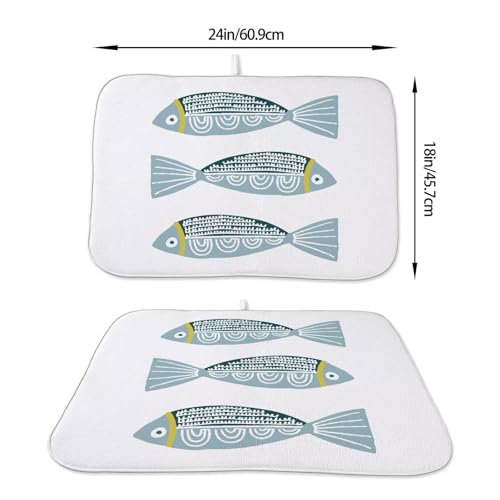 Coastal Dish Drying Mat 18 x 24 inch Beach Blue Fish Print Decorative Drying Mats Microfiber Absorbent Ocean Dish Washable Draining Mat for Kitchen Counter Decor (18" x 24" / Fish)