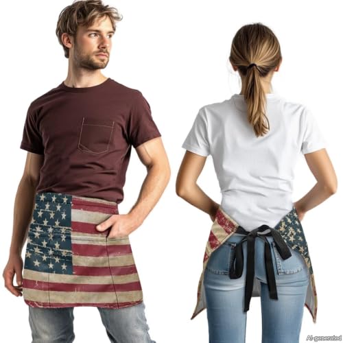 American Flag Print Waist Apron with 3 Pockets (American Flag)