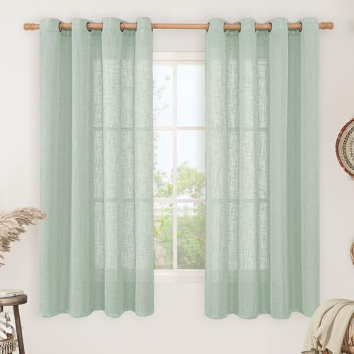 Sheer Linen Curtains 63 inches Long for Bedroom 2 Panels (52"W x 63"L (Pack of 2) / Light Sage)