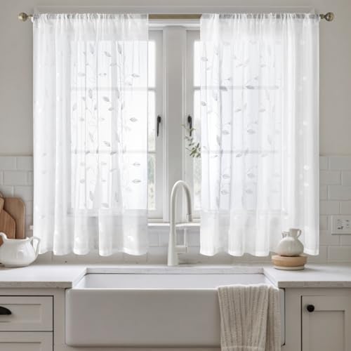 White Sheer Kitchen Curtains 52 x 45 Inch Length 2 Panels Embroidered Leaf Pattern Short Curtains for Bedroom Half Small Window Rod Pocket Tiers (52"W x 45"L (Pack of 2) / 4-white)