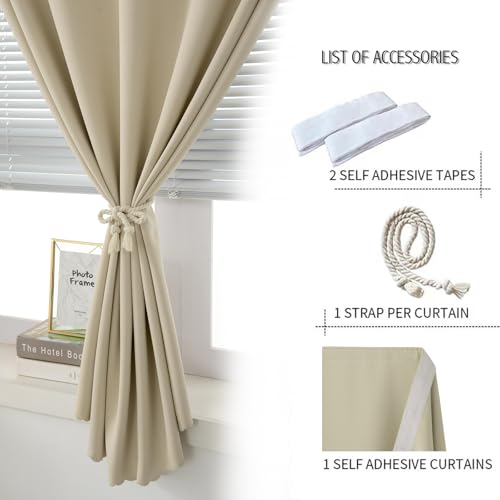 Blackout Curtains with Self Adhesive Tape No Rod No Drill Easy Install Window Cover for Bedroom Kitchen Dorm 46" W x 96" L Beige 1 Panel (46"W x 96"L (Pack of 1) / Beige)