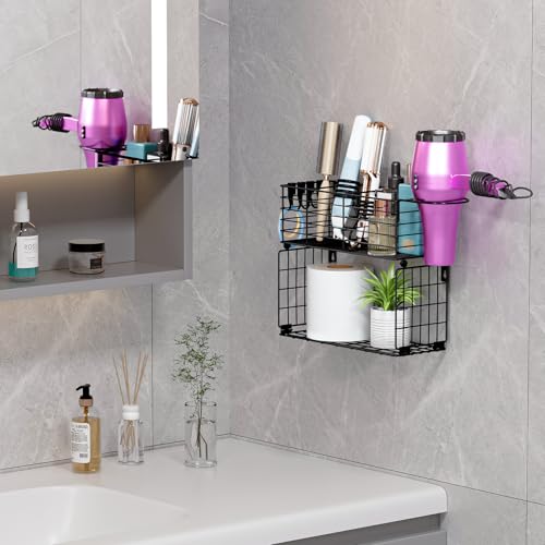 Metal Hair Tool Organizer with Toilet Paper Storage Basket Wall Mount (Black 2 Tiers)