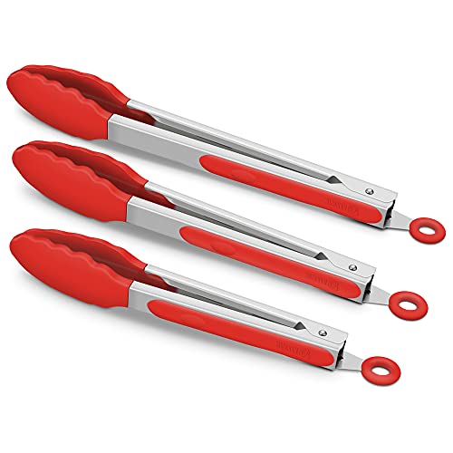 3 Pack Silicone Kitchen Tongs (Red)