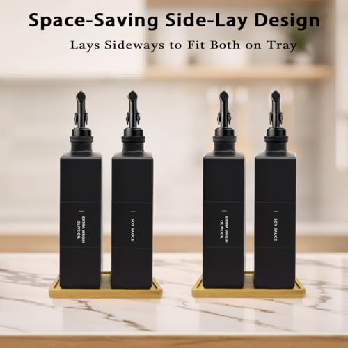 Olive Oil Dispenser Bottle for Kitchen with Bamboo Tray (Black / 16.9oz, Set of 2)
