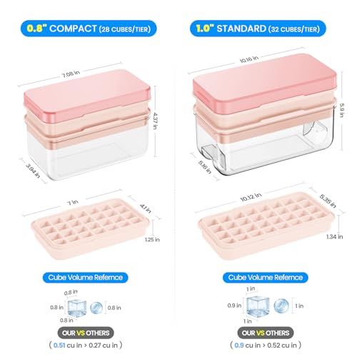 Ice Cube Tray with Lid and Bin (Pink / 0.8"-56Cubes)