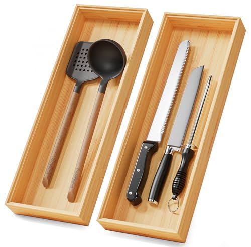 Long Bamboo Kitchen Drawer Organizer Boxes 17" x 6" Wood Pantry Organizers (Bamboo / 17" x 6" x 2")