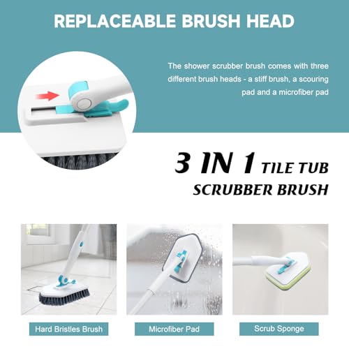 Shower Scrubber with Long Handle (Blue White / 2 pads)