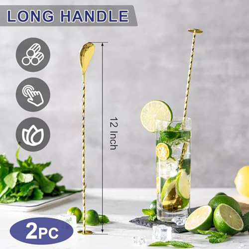 Bar Spoon Cocktail Mixing Stirrers (12"-Round Base-2PCS / Gold)