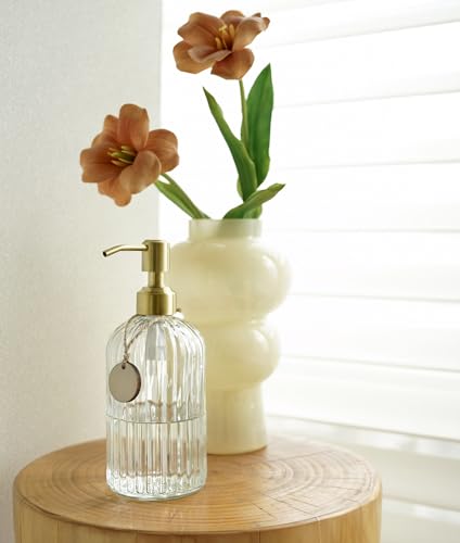 2PACK 18Oz Fluted Glass Soap Dispenser with Golden Rust Proof Pump (Clear-golden Pump-2p / 2 Pack)