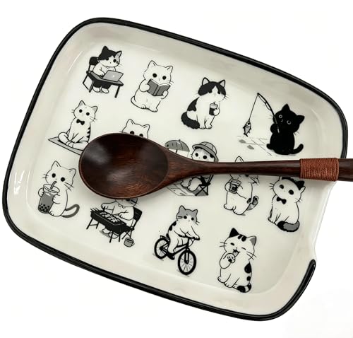 Ceramic Spoon Rest with Black White Cartoon Cat Print (Outdoor cats)