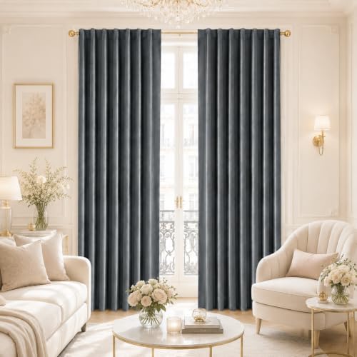 Blackout Curtains for Bedroom Living Room Velvet Grey 50x84 Inch (Grey/Velvet Total Blackout / 50"W x 84"L (Pack of 2))