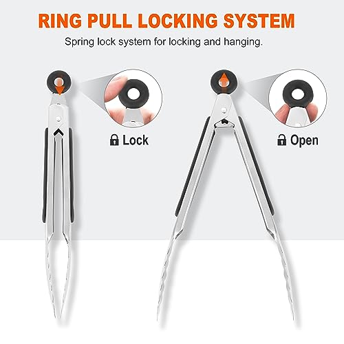 3 Pack 7" Mini Stainless Steel Locking Tongs (7 Inch / 3 Pcs Stainless Steel - Grey, Black, White)