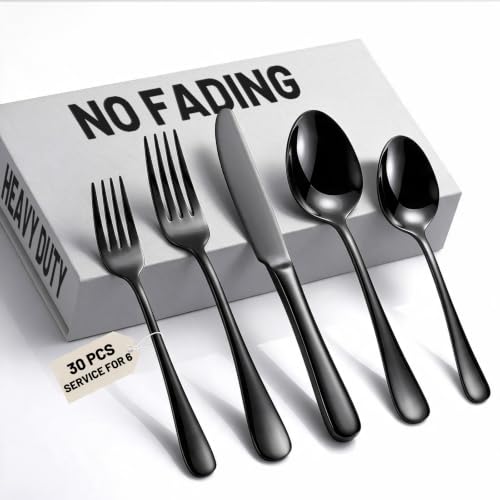 30 PCS NO FADING Black Silverware Set for 6 (Titanium Black / 30 Pack for 6)