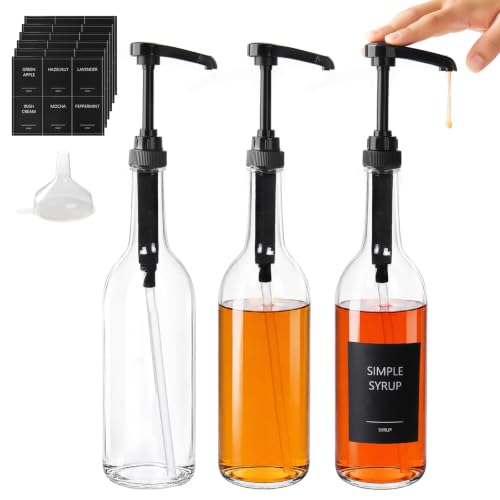 3-Pack 25oz/750ml Round Glass Coffee Syrup Dispenser with Black Pump (Clear / 25oz/750ml Round)