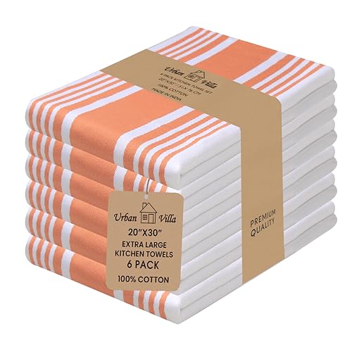 Kitchen Towels 100% Cotton Dish Towels for Kitchen (20" x 30" (Set of 6) / 053 Orange/White)