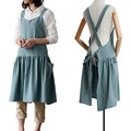 Japanese Cotton Cross Back Pinafore Apron for Women with Pockets Turquoise (09 - Turquoise With Waist Ties)