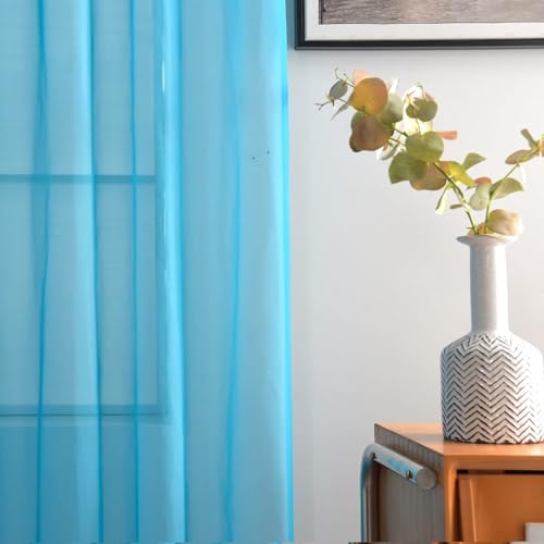 Basic Rod Pocket Sheer Voile Window Curtain Panels Cyan Blue 1 Pair 2 Panels 52 Width 18 Inch Long for Kitchen Bedroom Children Living Room Yard（Cyan Blue (Cyan Blue / 52"W x 18"L (Pack of 2))