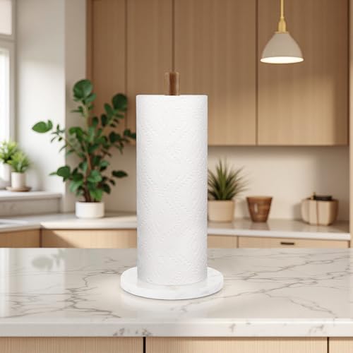 Acacia Wood Paper Towel Holder with Marble Base (Round Base / White)