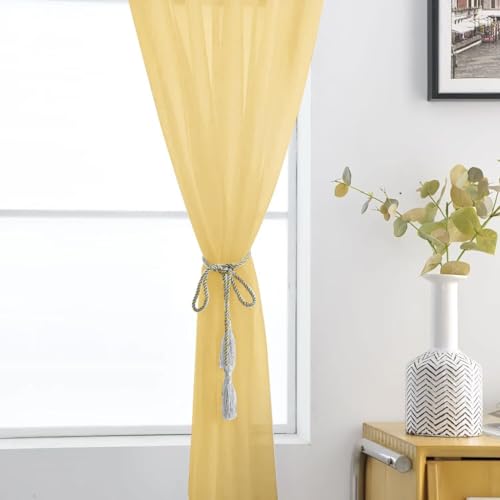 Basic Rod Pocket Sheer Voile Window Curtain Panels Gold 1 Pair 2 Panels 52 Width 54 Inch Long for Kitchen Bedroom Children Living Room Yard（Gold (Gold / 52"W x 54"L (Pack of 2))