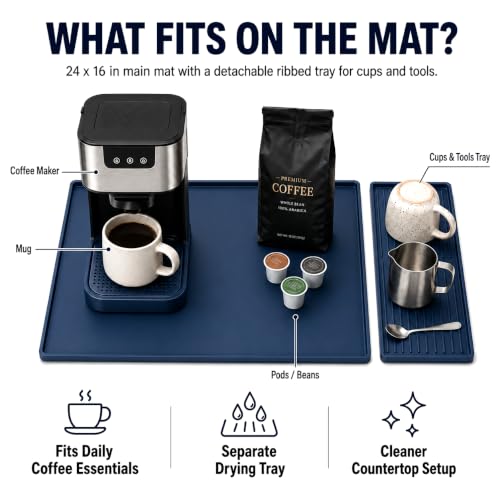 Silicone Coffee Mat 24 x 16 in with Tray (Deep Sea Blue)
