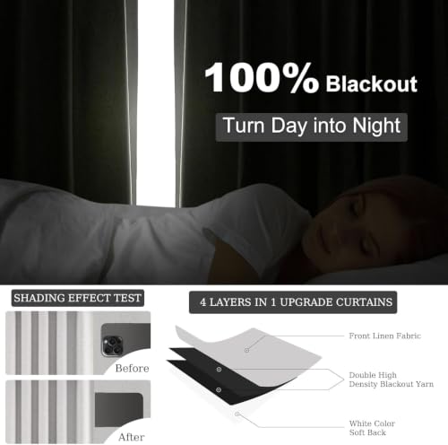 Linen Blackout Curtains 70 Inches Extra Wide 84 Inch Long for Living Room Grey Beige Room Darkening Back Tab Pleated Drapes for Bedroom Winter Thick Window Energy Efficient 70"W x 84"L 2 Panels (Grey Beige / 70"W x 84"L (Pack of 2))