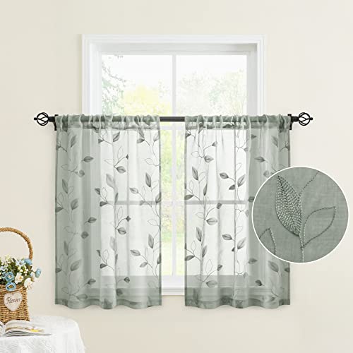 Sage Green Kitchen Tier Curtains Leaf Embroidered (30"W x 36"L (Pack of 2) / 1-sage Green)