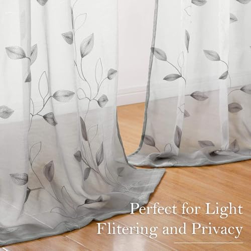 Light Grey Sheer Curtains Leaf Embroidered (52"W x 96"L (Pack of 2) / 3-grey)