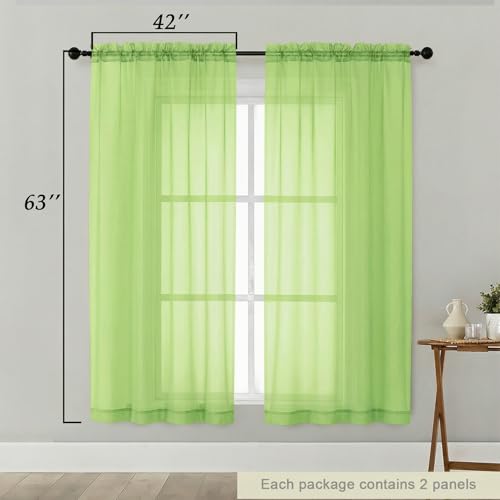 Sheer Curtains 63 Inch Length 2 Panels Set for Living Room Bedroom (Lime / 42"W x 63"L (Pack of 2))