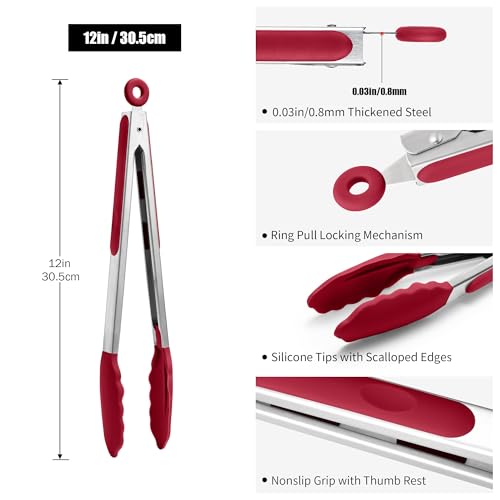 Kitchen Tongs with Silicone Tips for Cooking Serving (12in / Red)