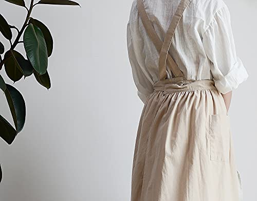 Women Cotton Linen Cross Back Apron with Pockets for Gardening Works Pinafore Dress (Wheat)