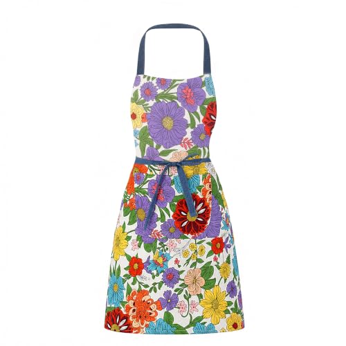 Floral Apron for Women with Pockets Cotton Canvas Waterproof Apron Cooking Baking Painting Gift (Purple)