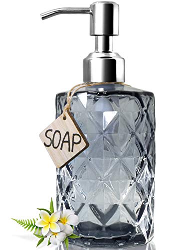12Oz Diamond Grey Glass Soap Dispenser with 304 Rust Proof Soap Pump (Gray)