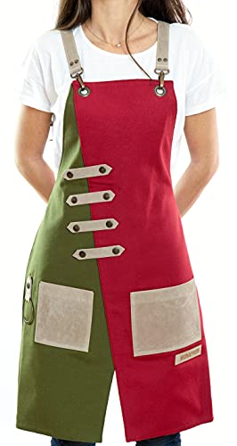Apron for Women and Men Waterproof Canvas Extra Pocket for Chef Barista Gardening BBQ Grilling Crossback Unisex (Green Red)