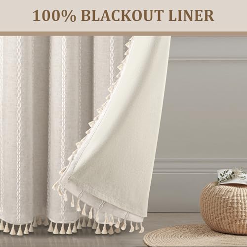 Ivory 100% Boho Blackout Curtains 96 Inch 2 Panels with Tassels (Ivory White / 52"W x 96"L (Pack of 2))