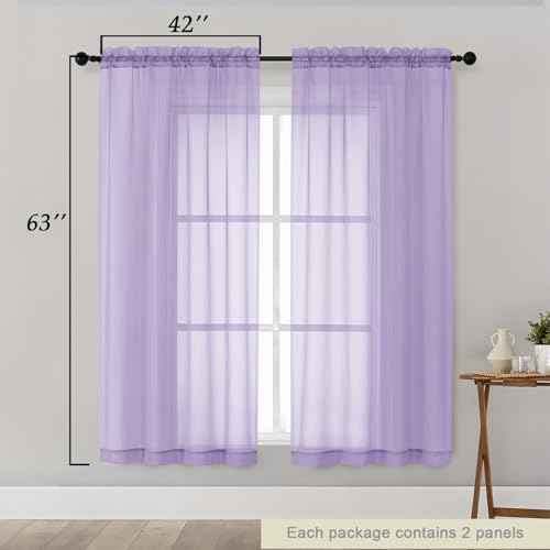 Sheer Lavender Curtains for Bedroom Living Room 63 Inch Length 2 Panels (Lavender / 42"W x 63"L (Pack of 2))