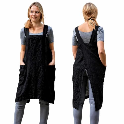 Cross Back Linen Cotton Apron with Pockets (Medium / Black)