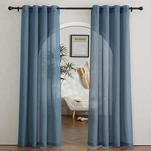 Flax Linen Sheer Curtains for Living Room (52"W x 84"L (Pack of 2) / Stone Blue)