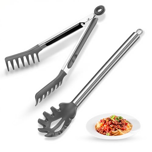 Spaghetti Spoon and Pasta Tong with Teeth and Drain Holes (Gray)