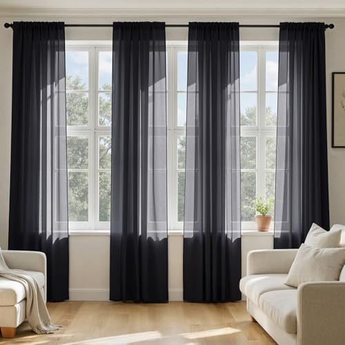 Black Sheer Curtains 96 Inches Long 4 Panels 42 x 96 Inches (42"W x 96"L (Pack of 4) / Black)