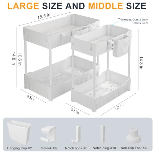 2 Pack Under Sink Organizer with Hooks & Hanging Cup for Kitchen (White / 14.8 Inch)