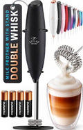 Powerful Milk Frother Wand With Duracell Batteries (Ultimate Black / Double Whisk + Batteries)