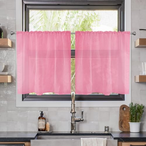 Solid Sheer Rod Pocket Curtain Voile Draperies 2 Panels White Beige Black Ivory Coffee 26 Inch Width 24 Inch Long 1 Pair for Kitchen Bedroom Children Living Room Yard (Pink / 26"W x 24"L (Pack of 2))