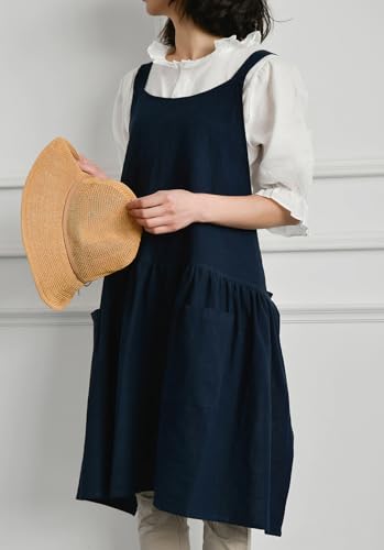Japanese Cotton Cross Back Pinafore Apron for Women with Pockets Navy (12 - Navy Blue With Waist Ties)
