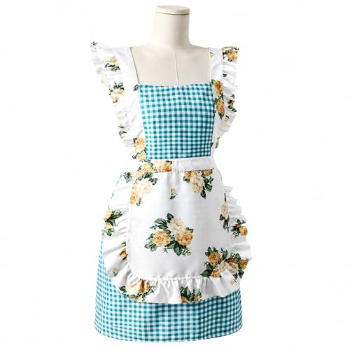 Cute Aprons for Women with Front Hand Towel Blue Checkered Floral Kitchen Apron Ruffle Pinafore Dress Breathable Washable Cooking Baking Gardening Apron (Blue-yellow Plaid)