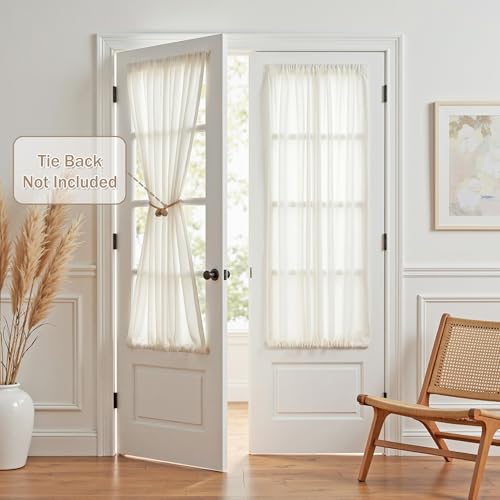Natural French Door Curtains for Door Window 40 Inch Long Short Semi Sheer Light Filtering Curtain for Small Window Drapes Rod Pocket for Bedroom Bathroom (26"W x 40"L (Pack of 2) / Beige White)