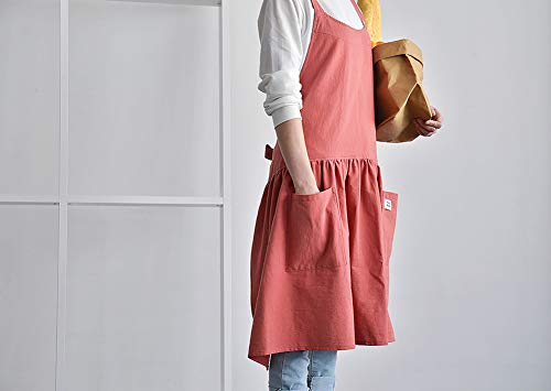 Japanese Cotton Cross Back Pinafore Apron for Women with Pockets Coral (13 - Grapefruit Red With Waist Ties)