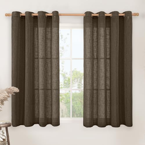 Semi Sheer Linen Curtains 45 Inches Long for Bedroom 2 Panels (52"W x 45"L (Pack of 2) / Dark Brown)